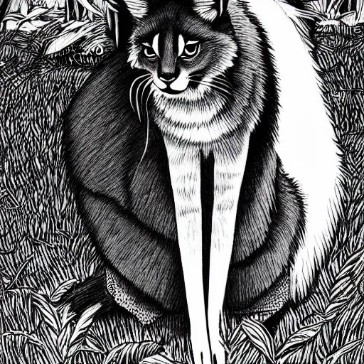 Image similar to black and white illustration, creative design, cute fluffy caracal, by junji ito