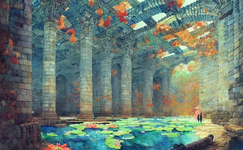 Image similar to tiled room squared waterway, aqueducts, fantasy. intricate, amazing composition, colorful watercolor, by ruan jia, by maxfield parrish, by marc simonetti, by hikari shimoda, by robert hubert, by zhang kechun, illustration, gloomy