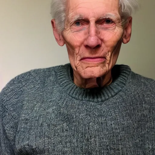 Image similar to A photograph of old Jerma985 in his eighties who looks like Jerma985 wearing a sweater in the 2010s, Jerma985, looks like Jerma985, taken in the late 2010s, taken on a 2010s Camera, realistic, hyperrealistic, very realistic, highly detailed, very detailed, extremely detailed, detailed, digital art, trending on artstation, headshot and bodyshot, detailed face, very detailed face