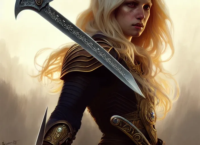 Image similar to A epic fantasy portrait of a blond woman, holding a sword, castle setting, horror movie lightning, intricate, elegant, highly detailed, digital painting, artstation, concept art, matte, sharp focus, illustration, art by Artgerm and Greg Rutkowski and Alphonse Mucha