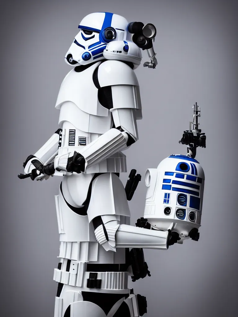 Prompt: “studio portrait photographer of a stormtrooper mixed with R2-D2, studio lighting, high quality, Star Wars, action pose”