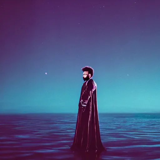 Image similar to the weeknd with a velvet crown and black gown standing on a raised translucent platform in the middle of the sea, night time with milky way in the sky. cinematic, 3 5 mm film, sharpness, nostalgic and melancholic 4 k, 8 k