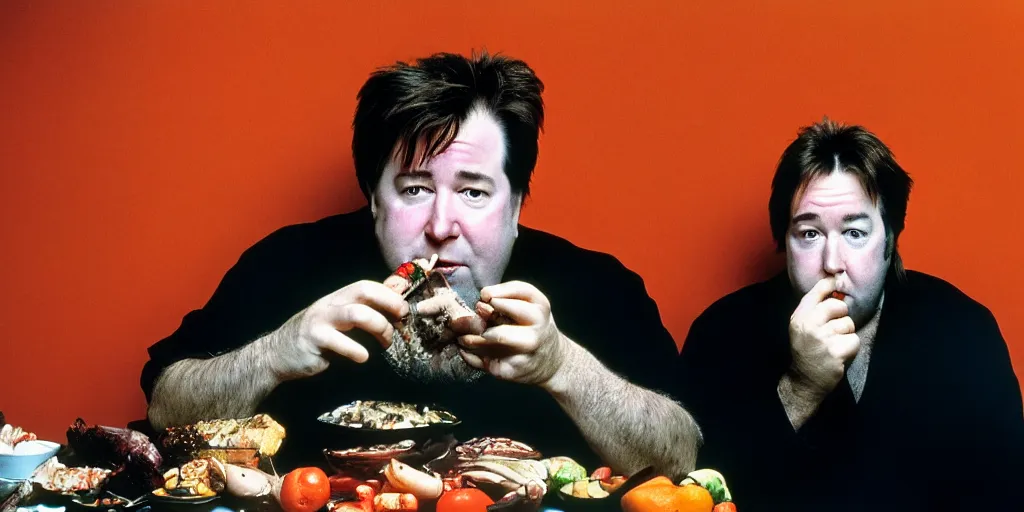 Image similar to award winning photo of BILL HICKS meats a friend in new york, vivid colors, happy, symmetrical face, beautiful eyes, studio lighting, wide shot art by gregory crewdson and francis bacon