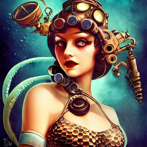 Image similar to lofi underwater bioshock steampunk portrait of mermaid, Pixar style, by Tristan Eaton Stanley Artgerm and Tom Bagshaw.