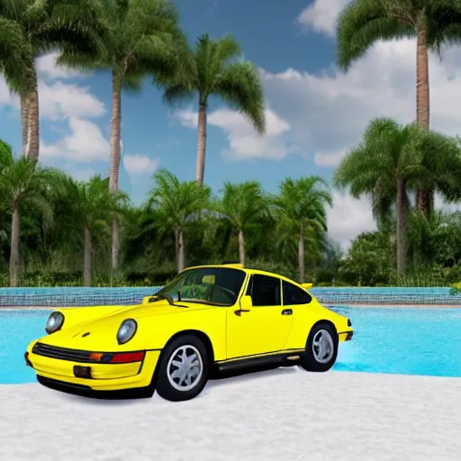 Image similar to a yellow 1 9 8 5 porsche 9 1 1 turbo in a palm beach swimming pool, 3 d render, unreal engine, 4 k
