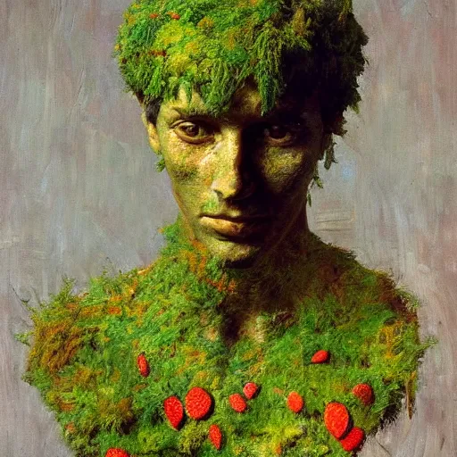 Image similar to a sculpture portrait made of moss and strawberries and mud and plants, painting part by wojciech siudmak, part by ilya repin, part by max ernst, part by norman rockwell, artstation