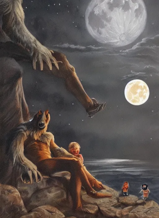 Prompt: a painting of a werewolf at night sitting next to a human child in front of full moon, fantasy art, matte painting