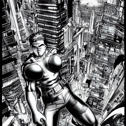 Prompt: heroes battling villains by frank Miller, artgerm, black and white, highly detailed, cityscape