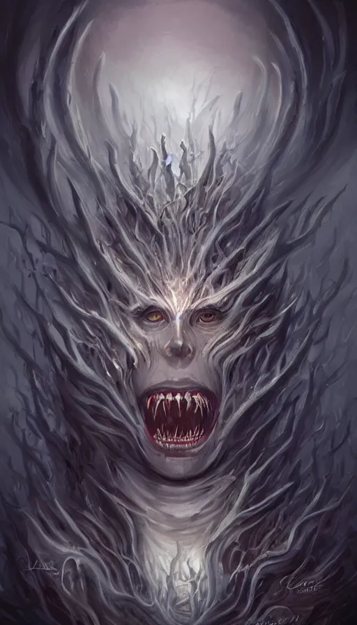 Image similar to a storm vortex made of many demonic eyes and teeth, by charlie bowater