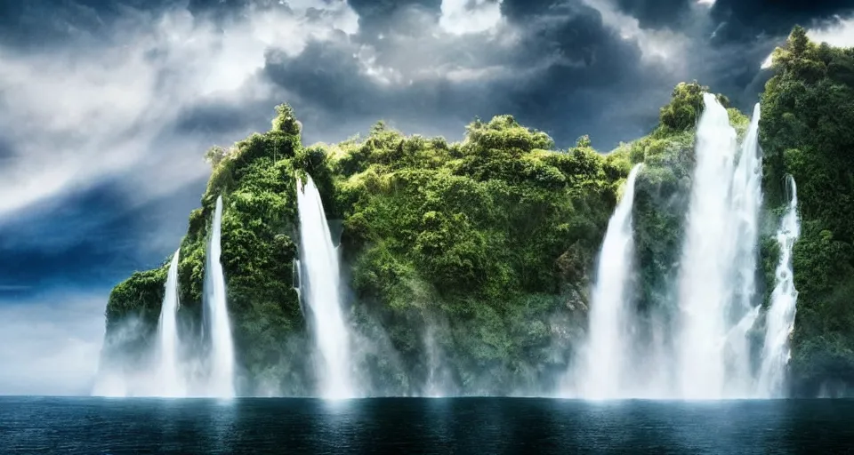 Image similar to A magnificent floating island in the sky above the sea, defying gravity, floating and flying island, waterfall, epic lighting, epic composition, highly detailed