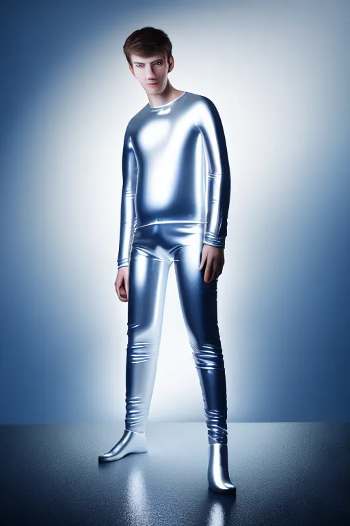 Image similar to un ultra high definition studio quality photographic art portrait of a young man standing on the rooftop of a british apartment building wearing soft baggy inflatable padded silver iridescent pearlescent clothing. three point light. extremely detailed. golden ratio, ray tracing, volumetric light, shallow depth of field. set dressed.