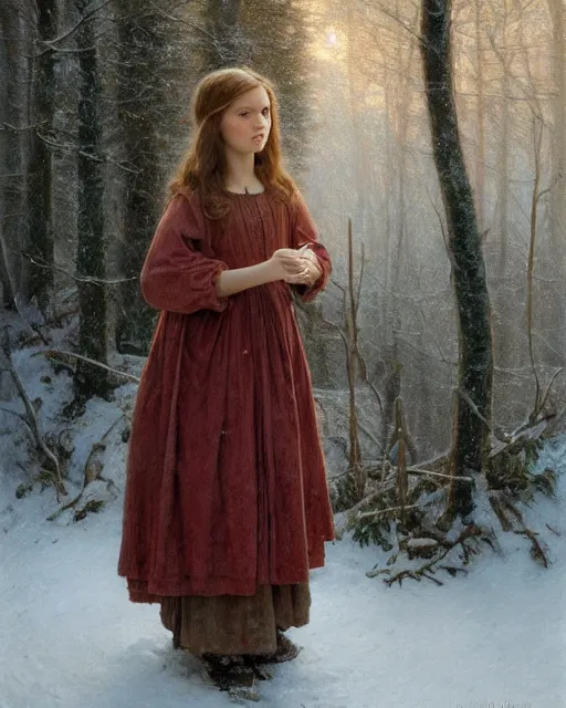 Image similar to a well - lit, realistic portrait painting of a thoughtful girl resembling a young, shy, redheaded irish alicia vikander or millie bobby brown wearing peasant dress in a deep snow - covered forest at dusk, highly detailed, intricate, concept art, artstation, by donato giancola, ron cobb, and william adolphe bouguereau