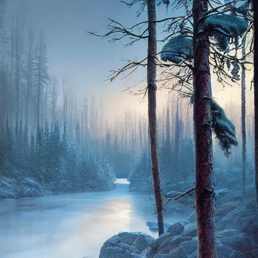 Image similar to Beautiful hyper-realistic detailed matte painting of Siberian forest landscape with frozen stream of lost vibes in the foreground and dark dense coniferous forest in the background, early morning, winter, gentle mist, by andreas rocha and john howe, and Martin Johnson Heade, featured on artstation, featured on behance, golden ratio, ultrawide angle, f32, well composed, cohesive