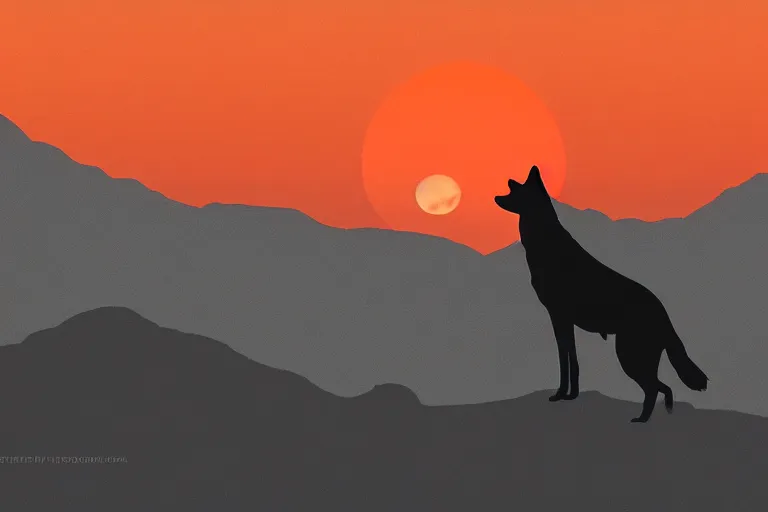 Image similar to far away wolf on the mountain silhouette, extremely detailed digital art, sunset, orange gradient, 8k