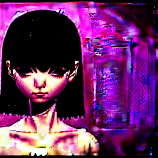 Image similar to girl with morbid thoughts wearing a black spring dress with short hair with bangs, she is thequeen of sharp needles, under the effect of psychosis and euphoria, by Range Murata, Katsuhiro Otomo, Yoshitaka Amano, and Artgerm. 3D shadowing effect, 8K resolution.