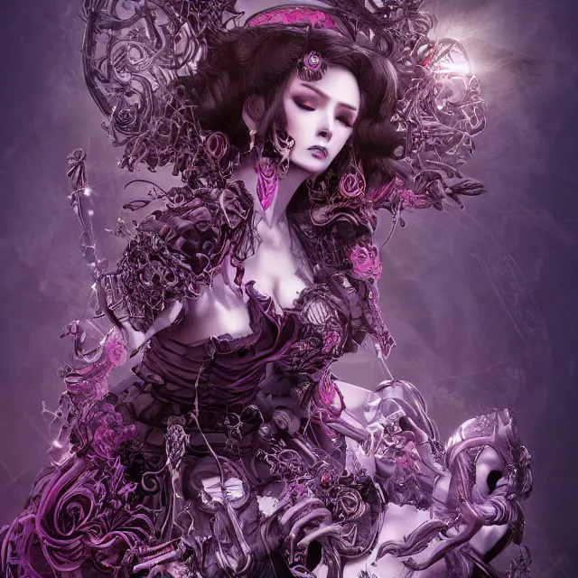 Prompt: the portrait of chaotic evil fallen sensual female necromancer overlord as absurdly beautiful, gorgeous, elegant mature idol, an ultrafine hyperdetailed illustration by kim jung gi, irakli nadar, intricate linework, bright colors, octopath traveler, final fantasy, unreal engine 5 highly rendered, global illumination, radiant light, detailed and intricate environment