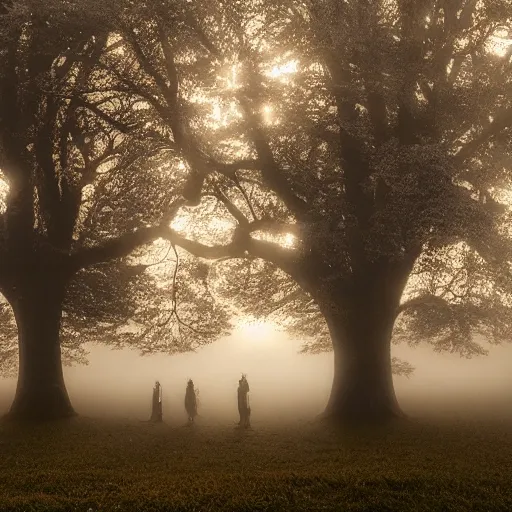 Image similar to an impressively euphoric 1 8 0 0 s romanticism - inspired photograph depicting bedlam underneath a foggy tree line at dawn inspired by liberty leading the people