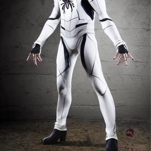 Image similar to white spider - man suit with black web lining, cinematic, volumetric lighting, realistic, hyperdetailed, photorealistic, photograph