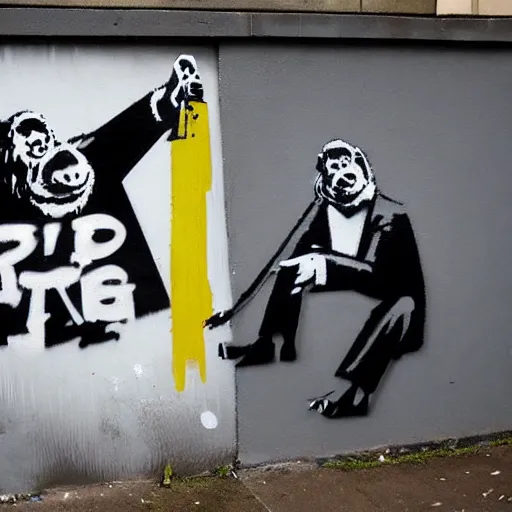 Image similar to Graffiti by Banksy of an ape in a suit drinking champagne