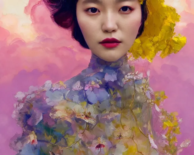 Prompt: lee jin - eun in elegant chic interstellar lush dress emerging from gold gold by martine johanna, michael garmash and katsuhiro otomo, rule of thirds, seductive look, beautiful, cotton candy clouds, puyallup berteronian, himalayan poppy flowers, gorgeous, face anatomy, masterpiece, refined beautiful