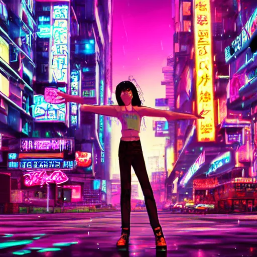 Prompt: city pop idol dancing in the apocalypse cyberpunk, accurate features, focus, very intricate ultrafine details, masterpiece, 8 k hd, realistic shaded lighting, detailed render, detailed backgrounds, epic composition, soft neon lights, rain