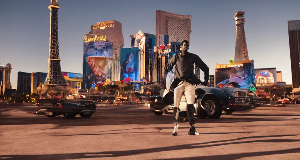 Prompt: first image afrofuturistic sci - fi movie starring chris rock, sundance official selection. shot on the las vegas strip with alexa mini, stunning cinematography, golden hour, filmgrain.