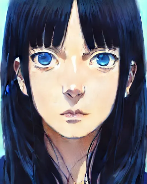 Image similar to portrait of Anime kaya scodelario, cute-fine-face, black-hair, blue eyes, pretty face, realistically shaded, Perfect face, fine details,realistic shaded lighting by Ilya Kuvshinov, katsuhiro otomo, ghost-in-the-shell, magali villeneuve, artgerm, rutkowski, WLOP, Jeremy Lipkin, Giuseppe Dangelico Pino, Michael Garmash, Rob Rey