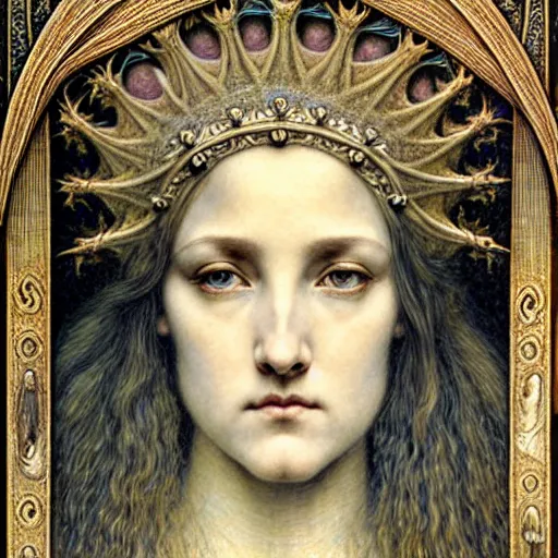 Prompt: detailed realistic beautiful young medieval queen face portrait by jean delville, gustave dore and marco mazzoni, art nouveau, symbolist, visionary, gothic, pre - raphaelite, art forms of nature by ernst haeckel, horizontal symmetry