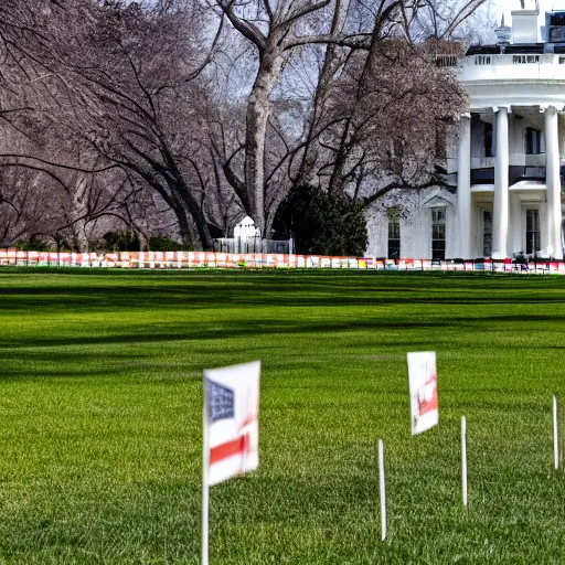 Prompt: cnn screen, the white house grounds completely full of gopher holes, the white house in the background, cinematic angle