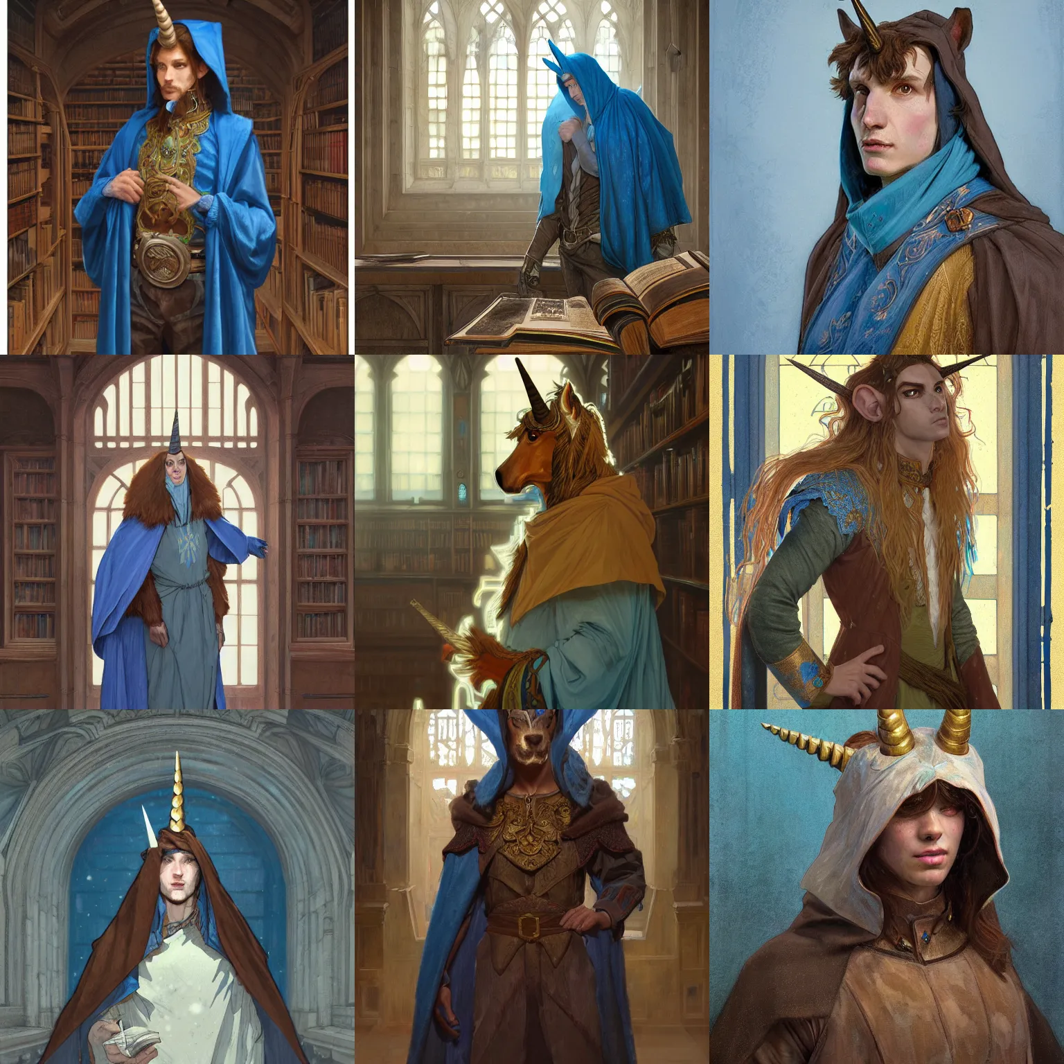 Prompt: portrait of an anthropomorphic unicorn with brown mane wearing a blue hood and blue robe inside an old library, fantasy, highly detailed, digital painting, artstation, concept art, character art, art by greg rutkowski and tyler jacobson and alphonse mucha