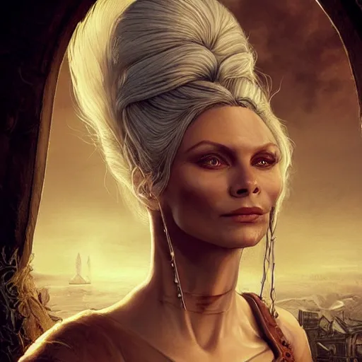 Image similar to myanna buring as tissaia de vries from the witcher show, urban motifs, intricate, elegant, highly detailed, digital painting, trending on artstation, concept art, smooth sharp focus, illustration, art by artgerm and greg rutkowski