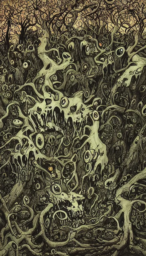 Image similar to a storm vortex made of many demonic eyes and teeth over a forest, by james jean,