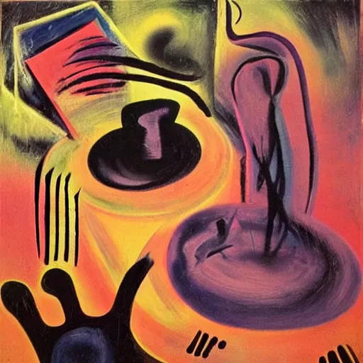 Prompt: surreal, hard bass music dj, electronic music, hardcore, mix and / or remix playing, art by willem de kooning, dali