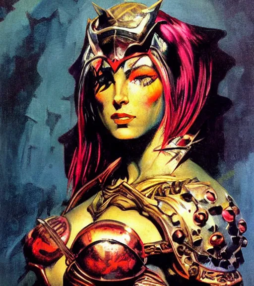 Image similar to portrait of strong female chaos angel, beautiful! coherent! by frank frazetta, by brom, strong line, vivid neon color, spiked metal armor, iron helmet maximalist