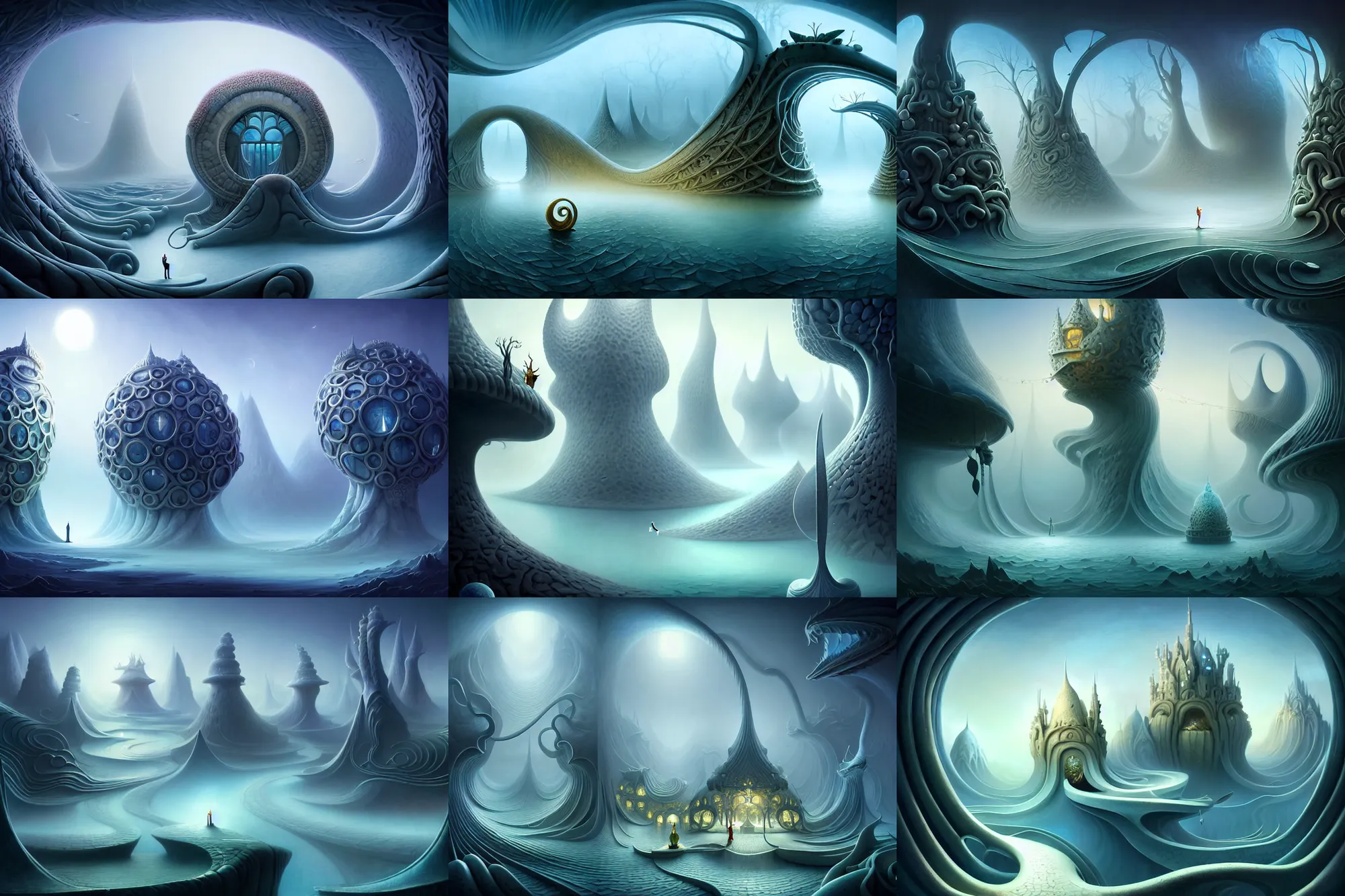 Prompt: an epic elite elegant mysterious masterpiece fantasy matte painting of an impossible path winding through arctic dream worlds with surreal architecture designed by heironymous bosch, structures inspired by heironymous bosch's garden of earthly delights, surreal ice interiors by cyril rolando and asher durand and natalie shau, insanely detailed, whimsical, intricate, sharp focus, complex, hyperrealistic