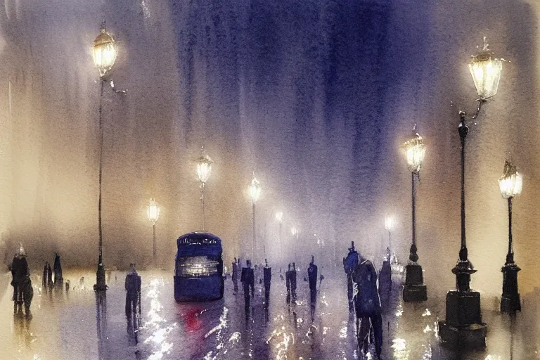 Prompt: a watercolour of rainy night at London ,blue and grey theme by Josepth zbukvic