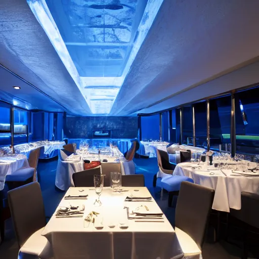 Prompt: michelin star restaurant interior, kitchen pass an underwater view of pristine scottish seas, dynamic lighting, moody lighting