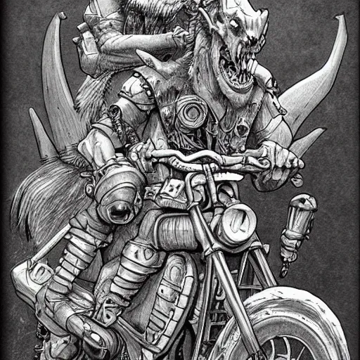Image similar to dungeons and dragons, goblin on a motorcycle, concept art, players handbook, very detailed, mechanic, schematic, illustration, stats