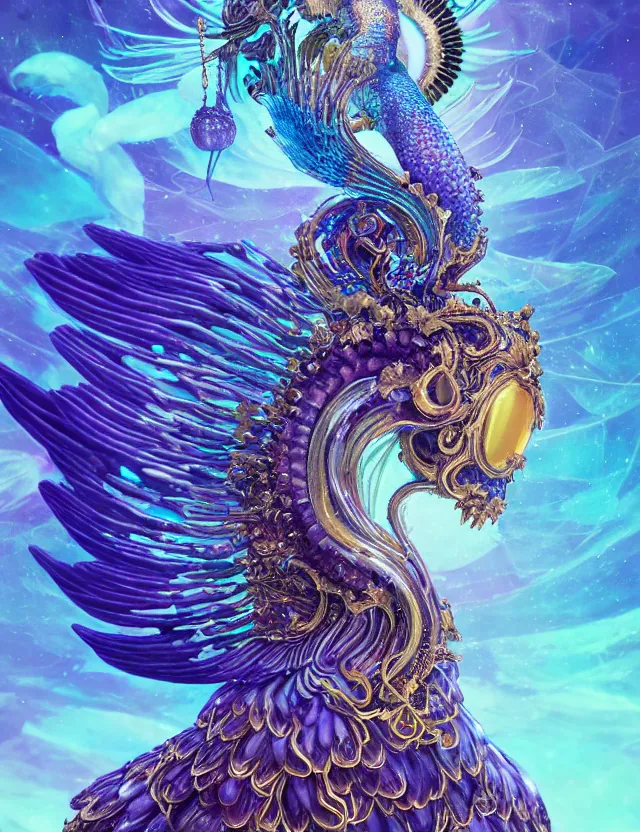 Image similar to goddess phoenix macro close - up portrait with crown made of ram skull. phoenix, betta fish, jellyfish, bioluminiscent, plasma, ice, water, wind, creature, super intricate ornaments artwork by tooth wu and wlop and beeple and greg rutkowski