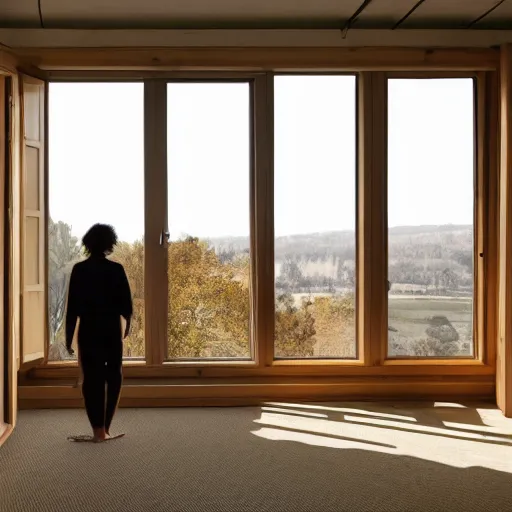 Image similar to person in pyjamas standing near window, turned back to camera, cinematography, sun rays, daylight, big french door window, big spatious room, carpet at the floor, wide shot 2 4 mm, anamorphic shot lens, walls at left and right sides, window at the center, wooden floor, modern, winter sun, photorealistic, high ceiling