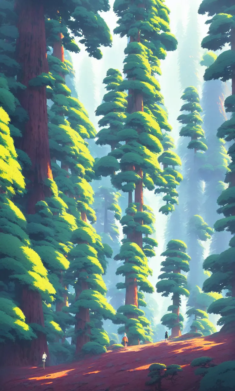 Prompt: Sequoia forest in a colorful moutain with beautiful trees , no people, morning, by studio ghibli painting, superior quality, masterpiece, traditional Japanese colors, by Grzegorz Rutkowski, concept art