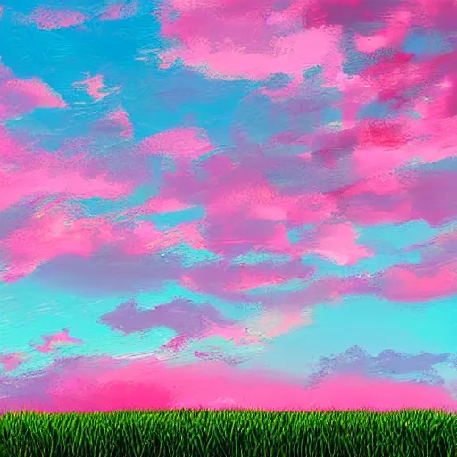 Image similar to digital art of a lush green field and a big pink sky with big fluffy clouds