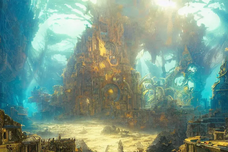 Image similar to a beautiful painting of the lost and abandoned city of Atlantic under water, ray of sunlight, mermaids in distance, Greg Rutkowski, Moebius, Mohrbacher, Mucha, blue and gold color scheme, ultra wide angle, ultra detailed