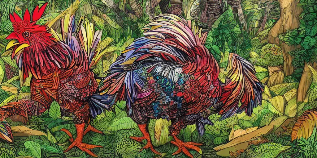 Prompt: colorful illustration of a fully armored rooster in a dense jungle, mix of styles, style combination, hyper detailed, intricate