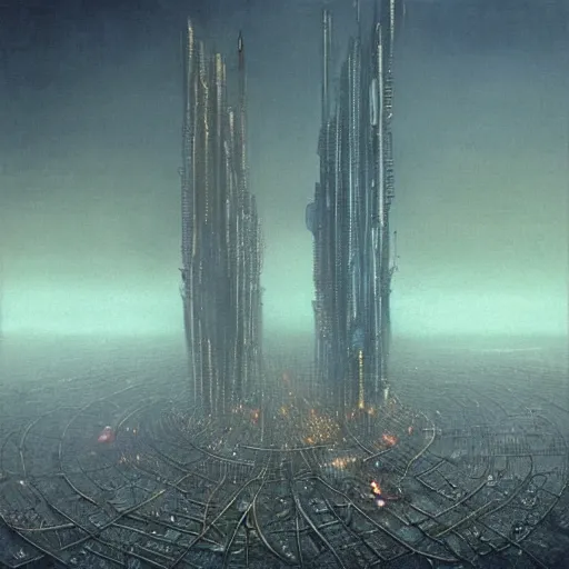 Image similar to giant dystopian cyberpunk city, stretching very far, apocalyptic, beksinski art style