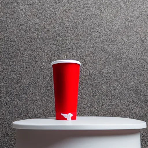 Image similar to an ultra high definition professional studio quality photograph of a red cup on a white plinth in an empty white room, a mobile phone is on top of plinth in the centre of the photograph. three point light.