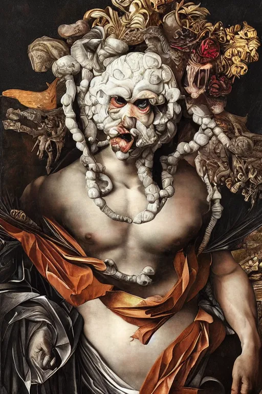 Image similar to Detailed maximalist portrait a Greek god with large white eyes and an angry face, HD mixed media 3d collage, highly detailed and intricate, surreal illustration in the style of Caravaggio, dark art, baroque