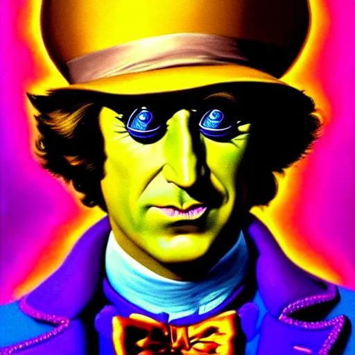 Prompt: An extremely psychedelic portrait of willy wonka, surreal, LSD, face, detailed, intricate, elegant, lithe, highly detailed, digital painting, artstation, concept art, smooth, sharp focus, illustration, art by Jason Edmiston