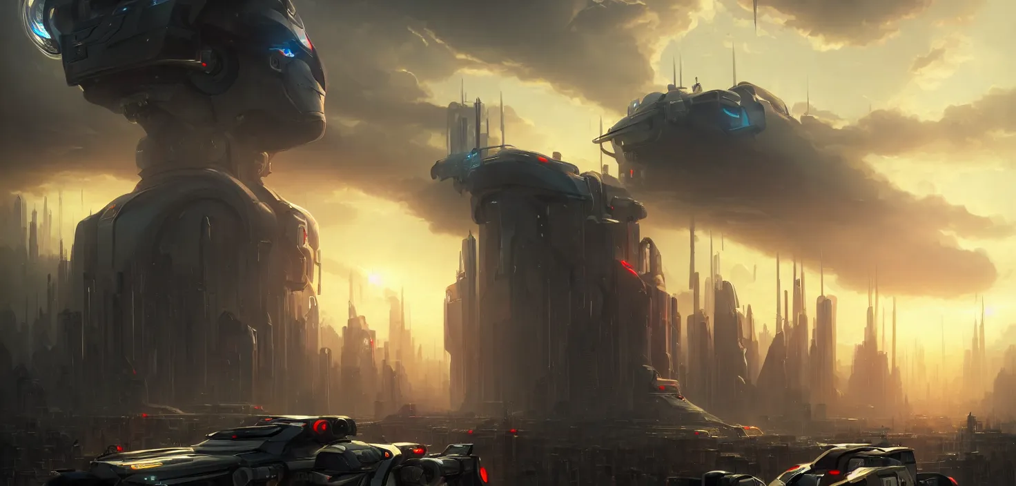 Prompt: robots have conquered people cities and the planet in the future under the rule of cyborgs, cinematic view, epic sky, detailed, concept art, low angle, high detail, warm lighting, volumetric, godrays, vivid, beautiful, trending on artstation, by jordan grimmer, huge scene, grass, art greg rutkowski