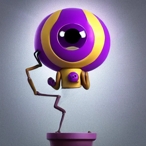 Image similar to photo of a comically tiny clay model of character with large spherical purple head and large childlike eyes with comically tiny body and spindly limbs leans close to the camera, fish eye lens, 4 k, hyper realistic, hyper detailed face, octane render, comedic, cute